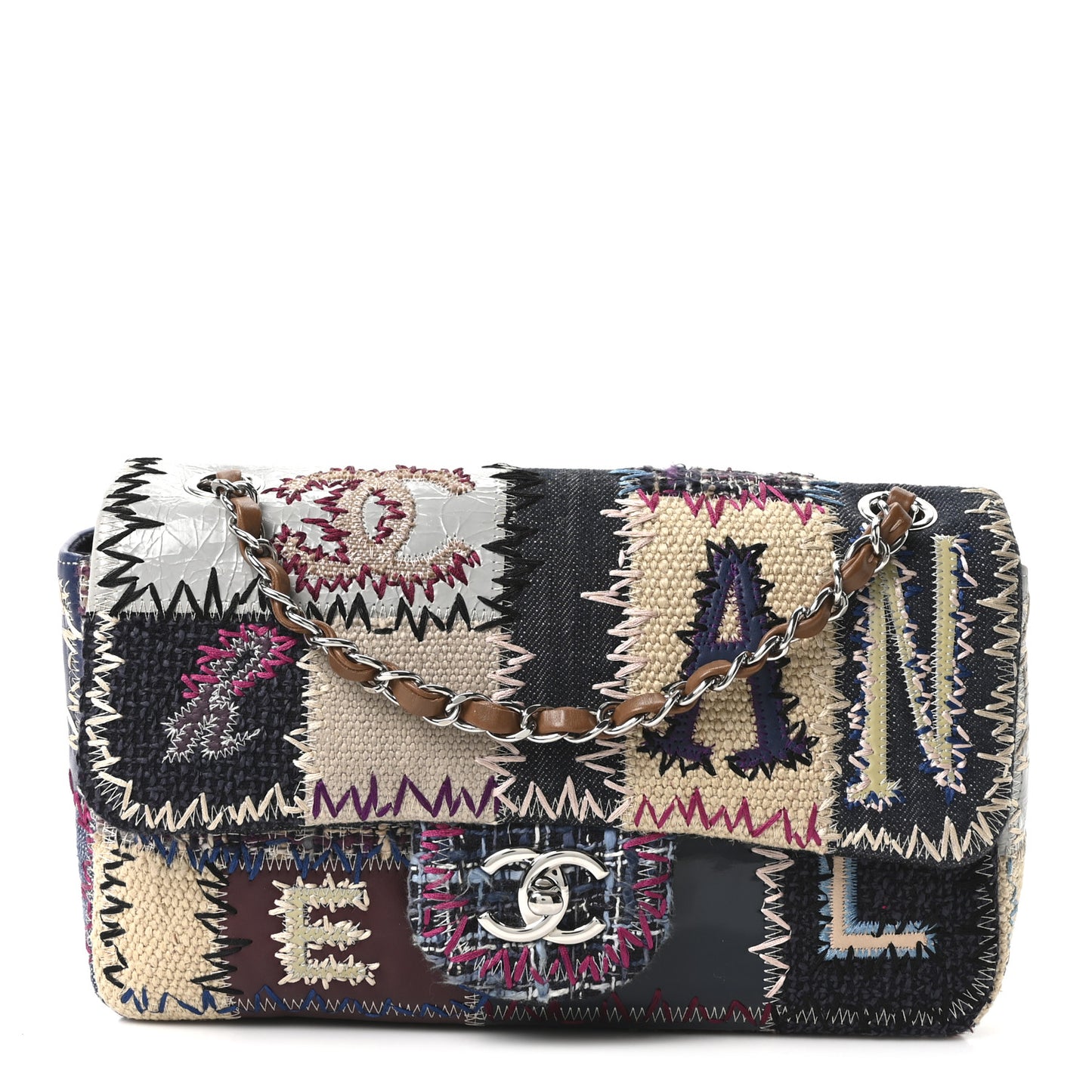 Denim Tweed Patchwork Medium Single Flap Multicolor