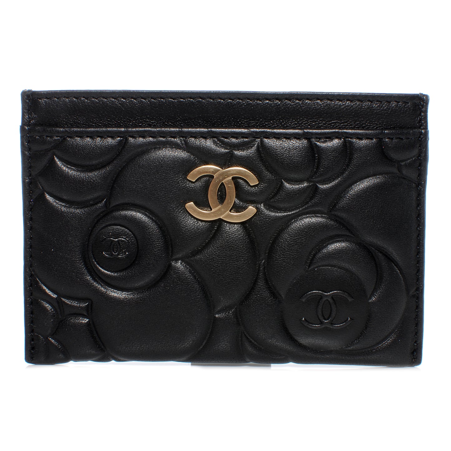 Lambskin Camellia Embossed Card Holder Black