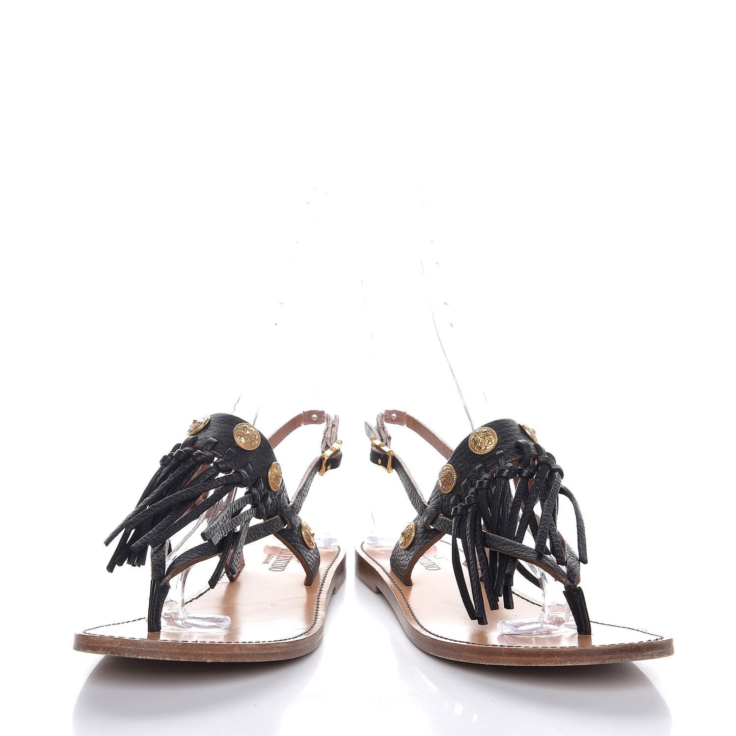 Pebbled Calfskin Fringe Coin Slingback Flat Thong Sandals 37 Black