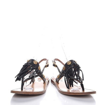 Valentino Garavani Pebbled Calfskin Fringe Coin Slingback Flat Thong Sandals 37 Black 6 of 11