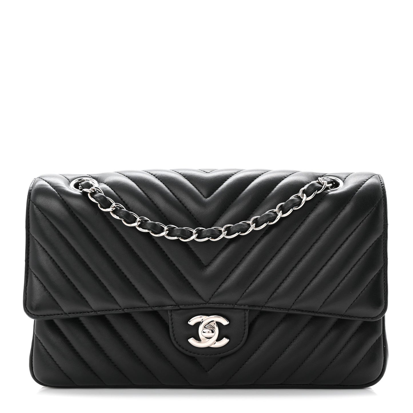 Lambskin Chevron Quilted Medium Double Flap Black