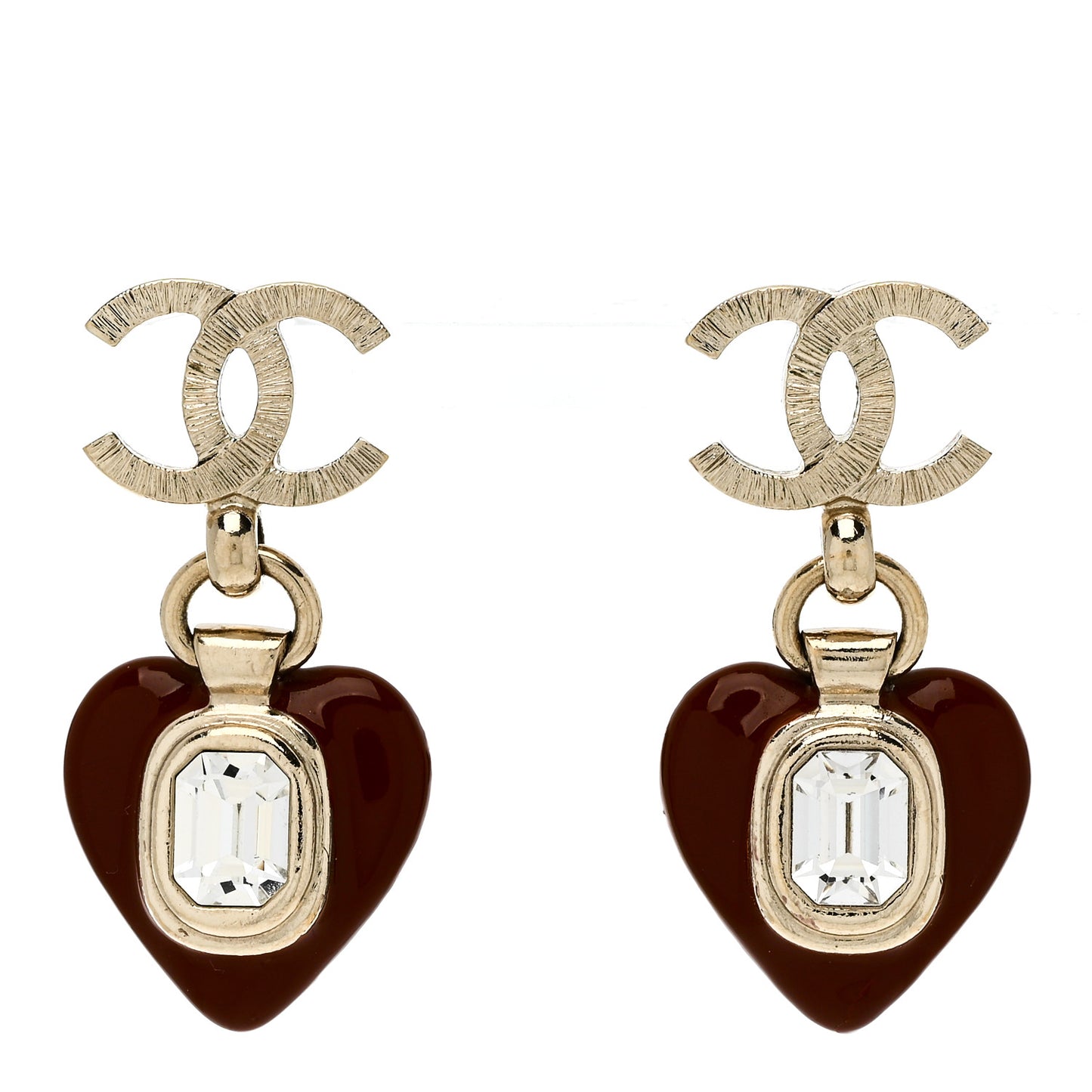 Resin Crystal CC Heart Drop Earrings Red Gold