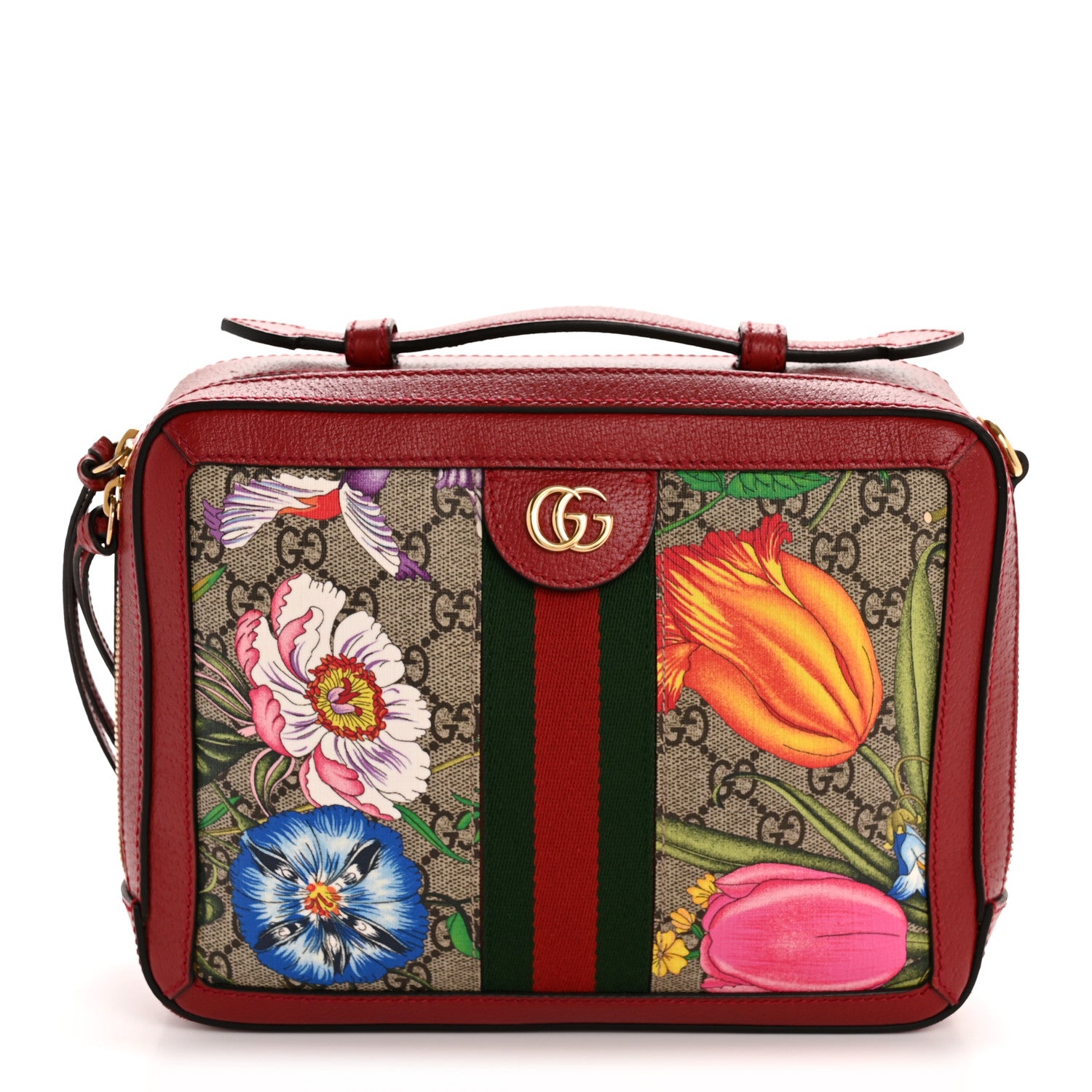 Gucci GG Supreme Monogram Flora Web Small Ophidia Top Handle Shoulder Bag Hibiscus Red 1 of 12