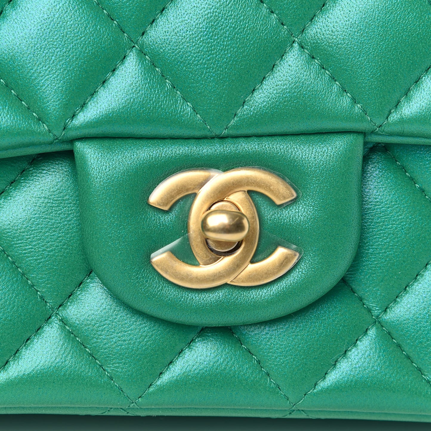Iridescent Lambskin Quilted Mini Top Handle Rectangular Flap Green