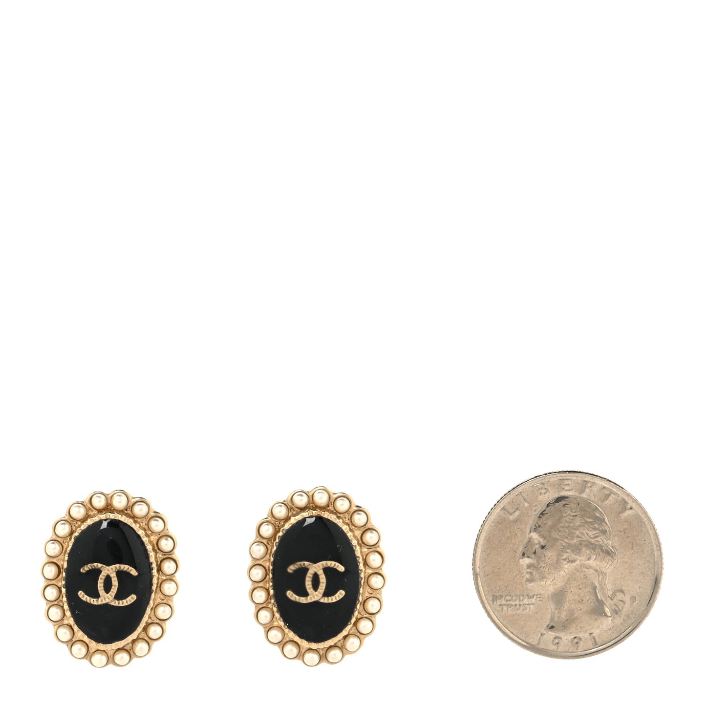 Pearl Enamel CC Oval Earrings Gold Black