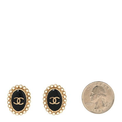 Chanel Pearl Enamel CC Oval Earrings Gold Black 2 of 4