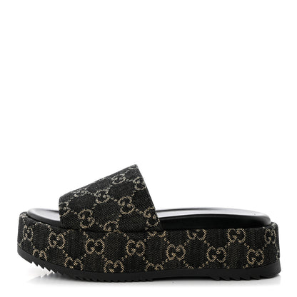 Gucci Jacquard Black Denim GG Monogram Angelina Platform 55mm Slide Sandals 36 Black Ivory 1 of 9