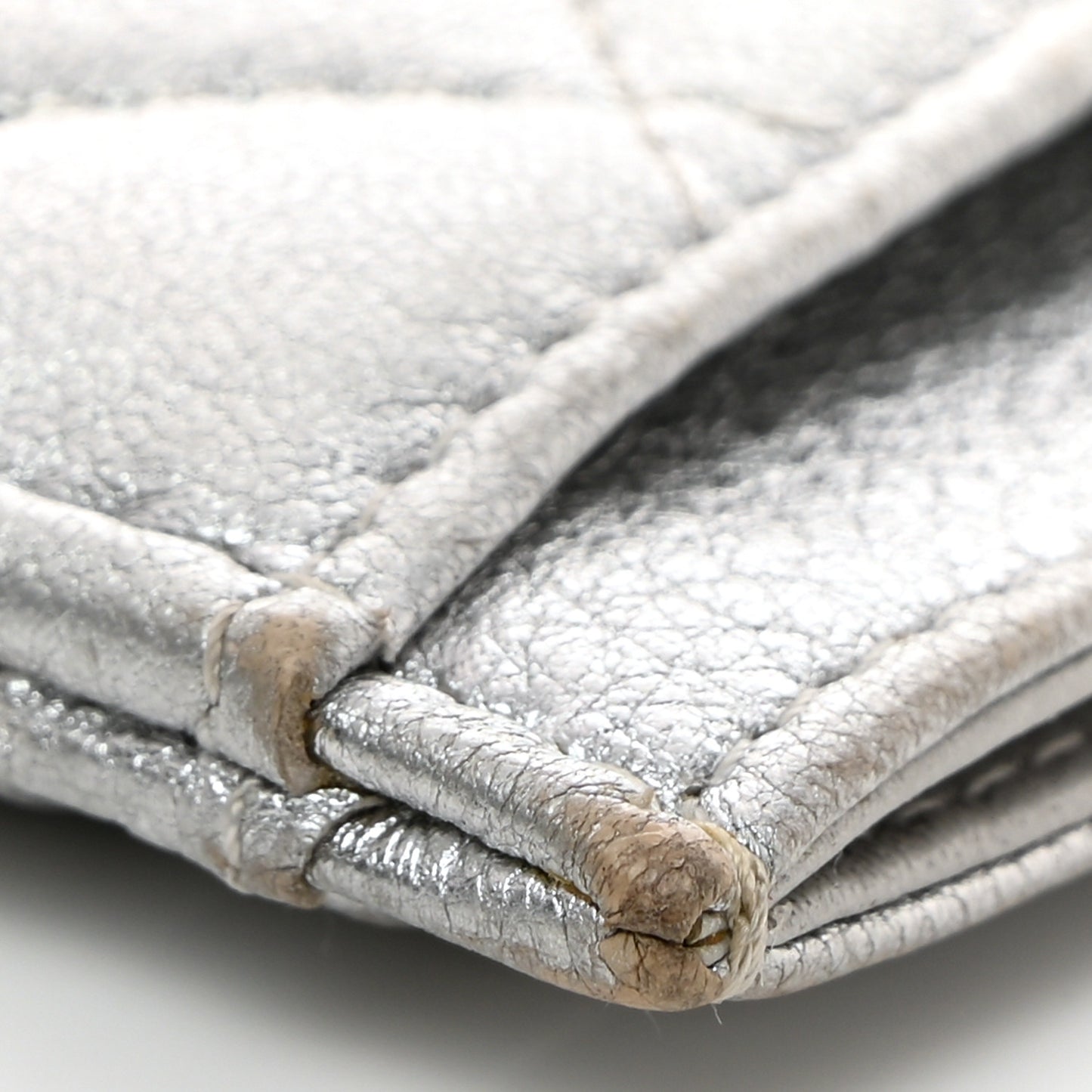 Metallic Lambskin Quilted Card Holder Silver