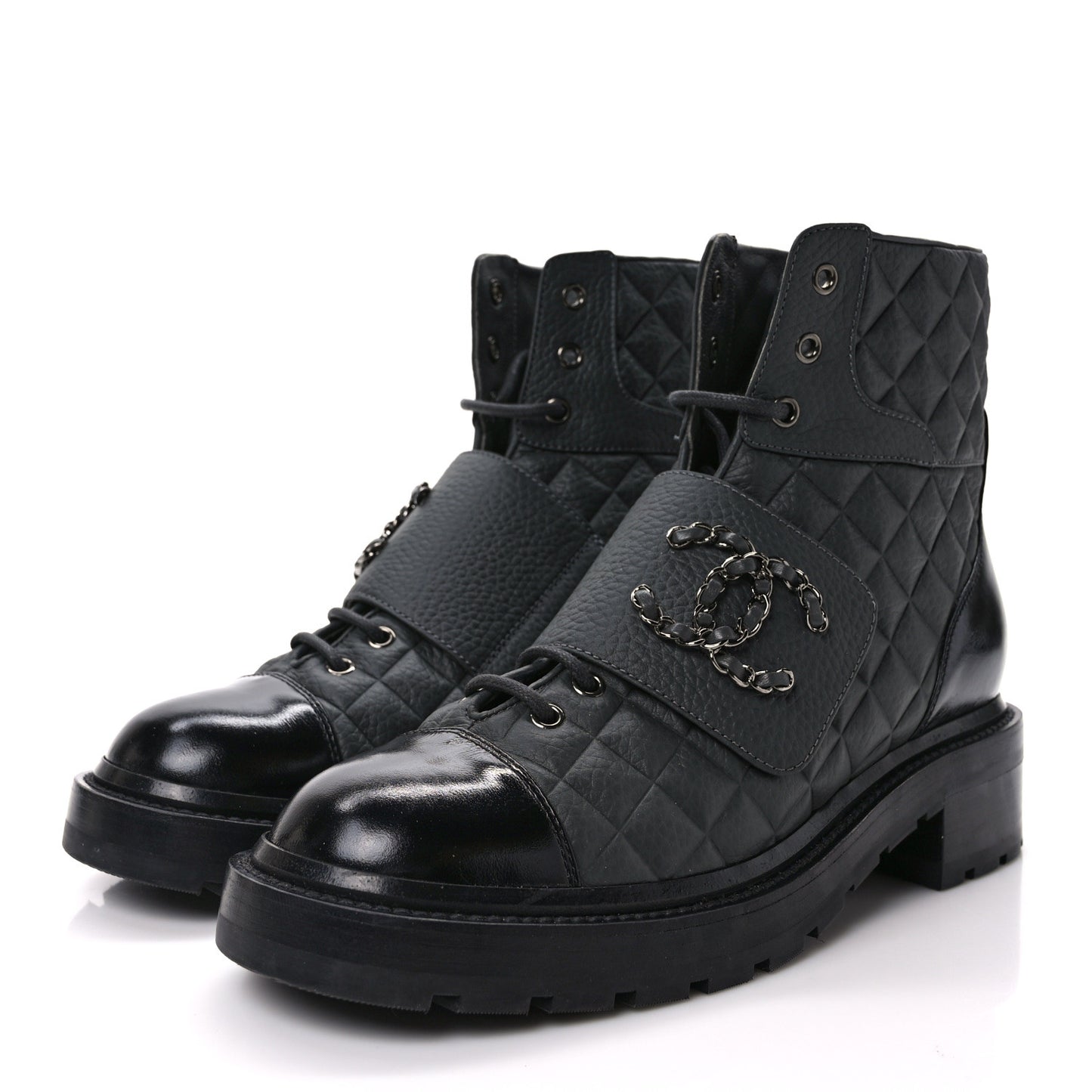 Calfskin Shiny Calfskin Quilted Lace Up Combat Boots 40.5 Dark Grey Black