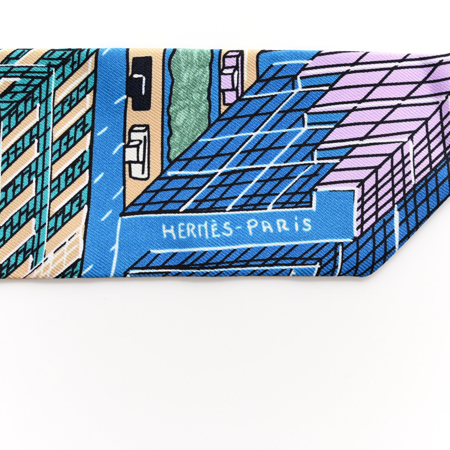 Hermes Silk Pantin City Twilly Beige Bleu Cobalt Vert 4 of 4