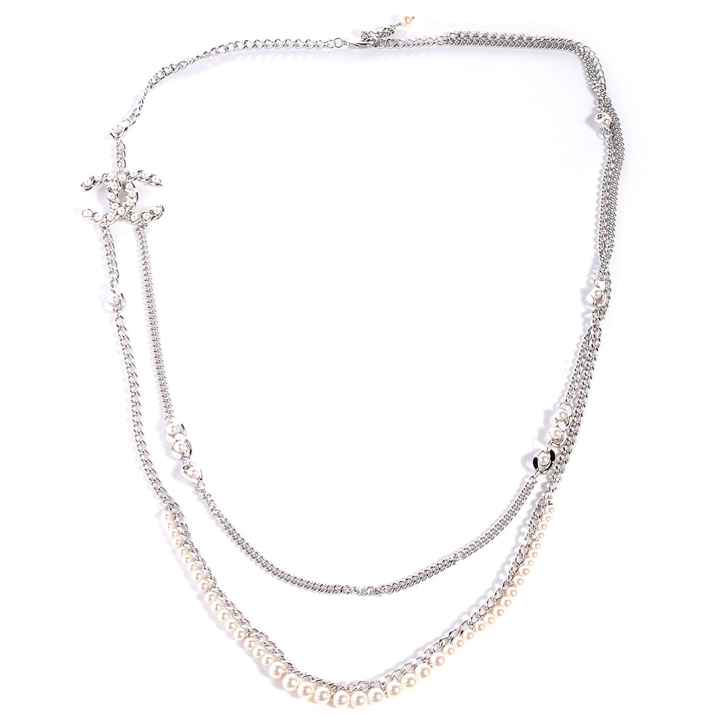 Pearl CC Long Chain Necklace Silver
