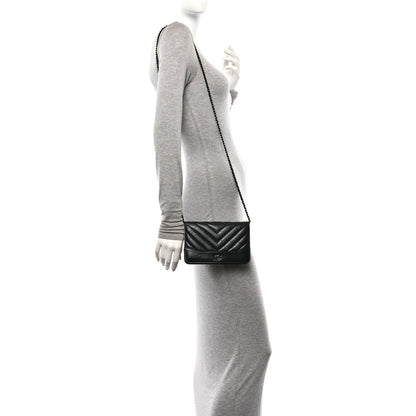 Chanel Aged Calfskin Chevron Quilted Gabrielle Wallet On Chain WOC Black 2 of 11