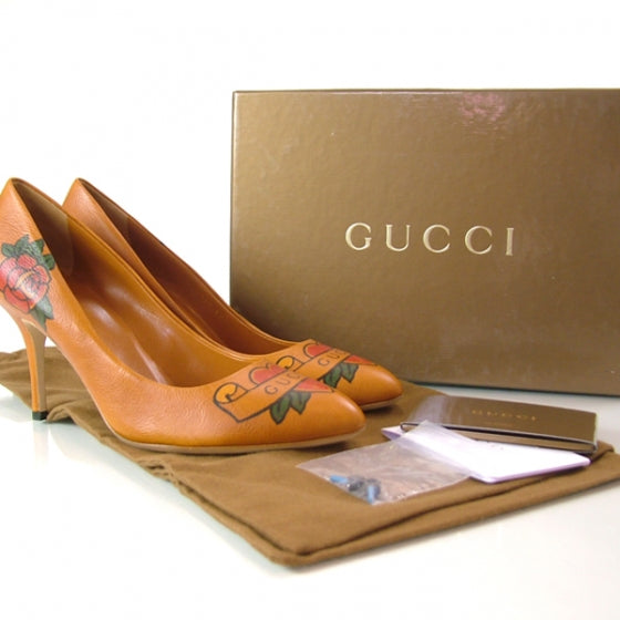 Gucci Leather Heart Tattoo Pumps 39.5 Tan 4 of 8