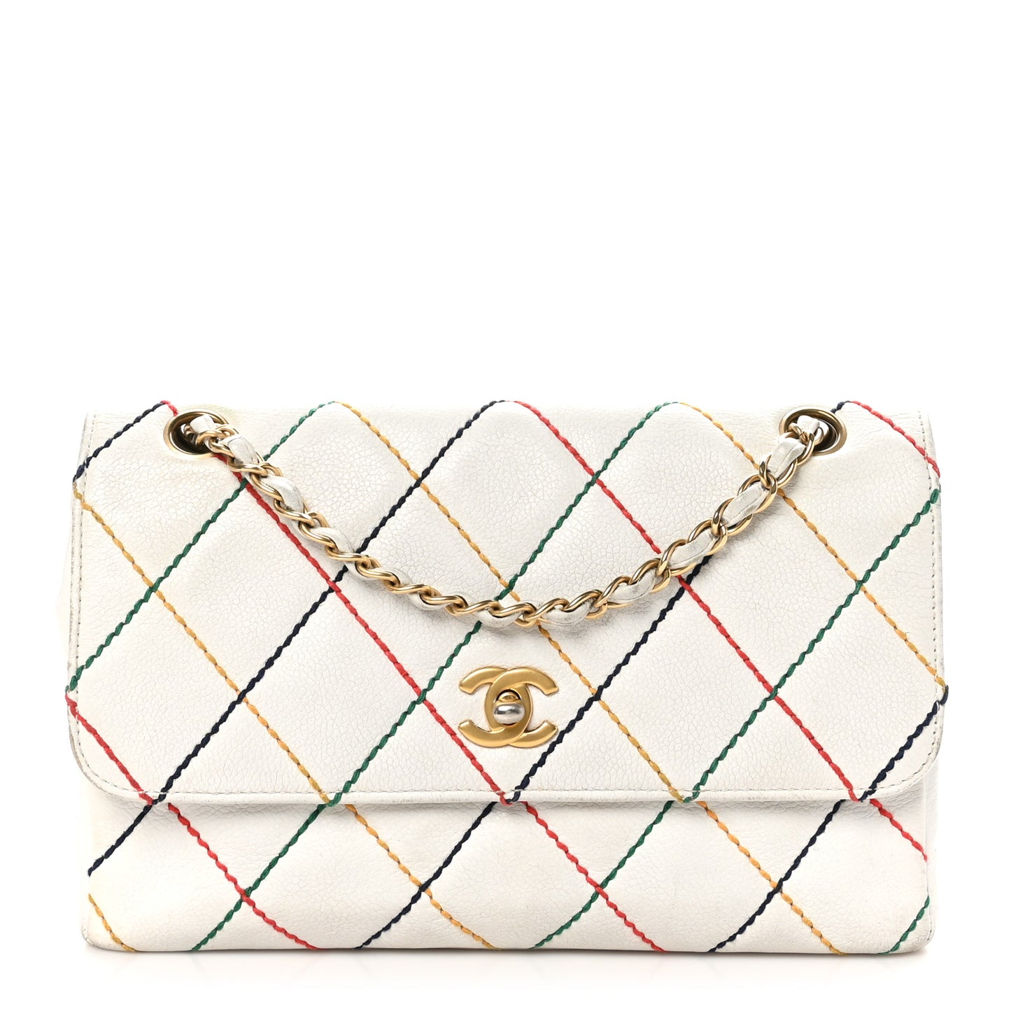 Goatskin Multicolor Stitch Single Flap White