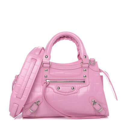 Balenciaga Semi Shiny Calfskin Crocodile Embossed Neo Classic Silver Hardware Mini City Pink 1 of 8