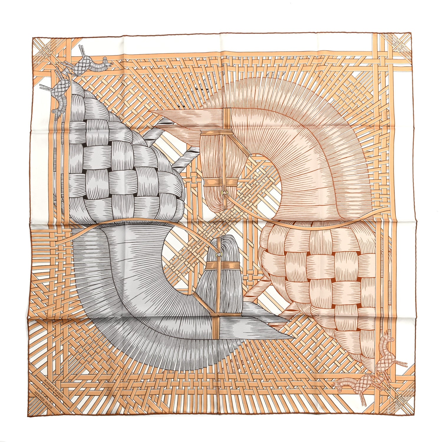 Hermes Silk Masan & Masan Scarf 90 White Beige Gris 1 of 4