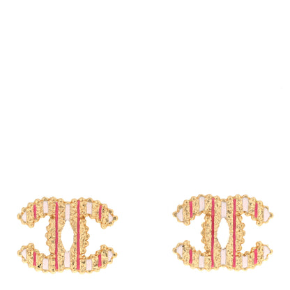 Chanel Enamel CC Textured Earrings Pink Red Gold 1 of 4