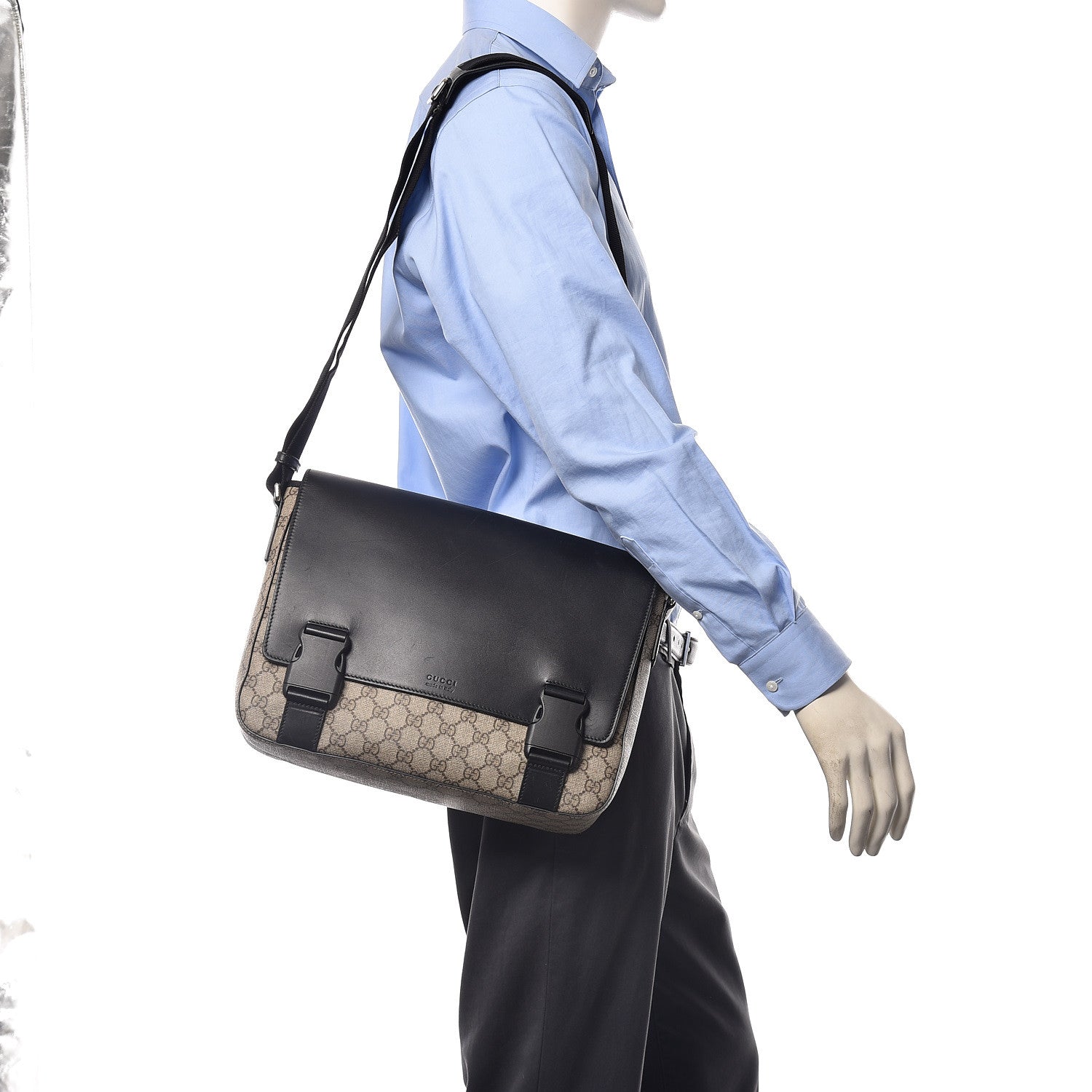 Gucci GG Supreme Monogram Calfskin Medium Double Buckle Flap Messenger Beige Black 2 of 11