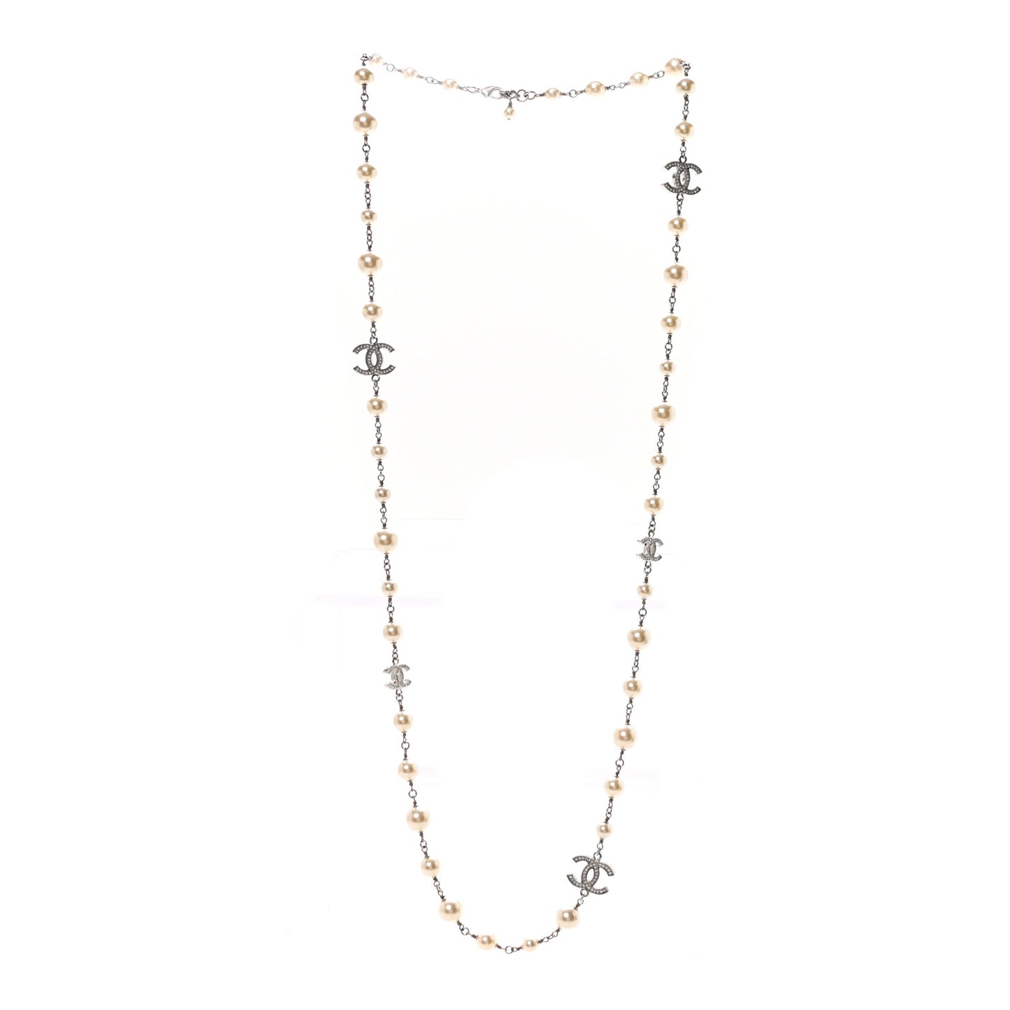 Crystal Pearl CC Long Necklace Silver