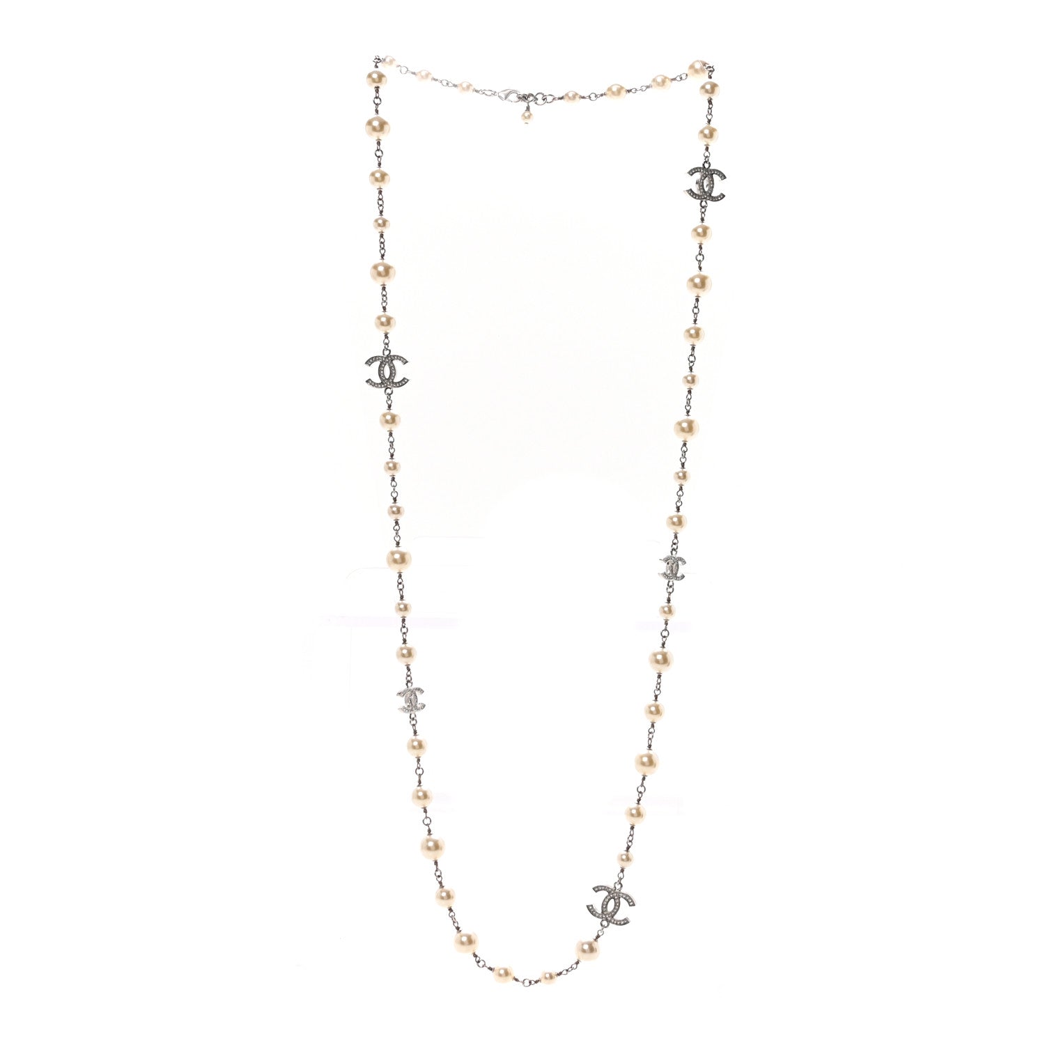 Chanel Crystal Pearl CC Long Necklace Silver 3 of 7