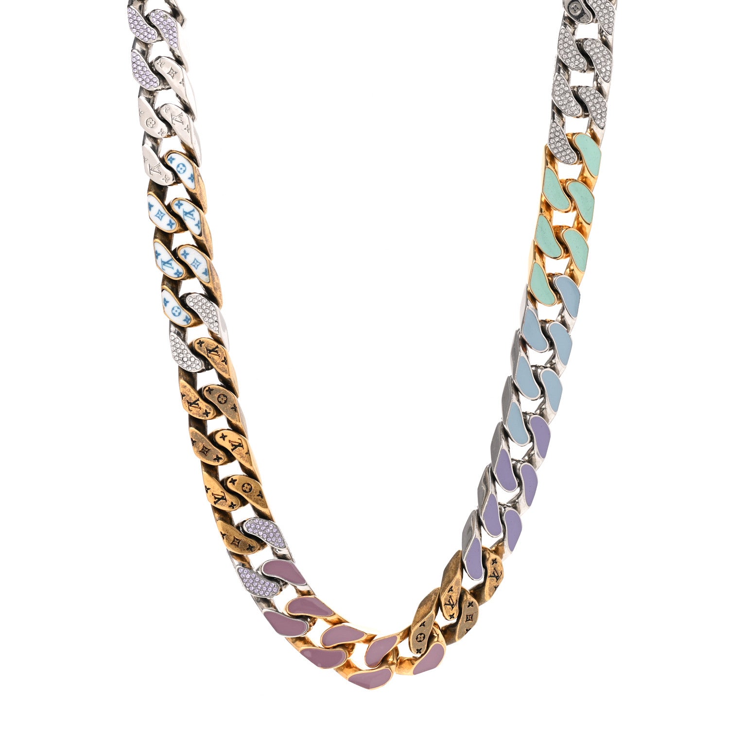 Louis Vuitton Metal Enamel Crystal Soapy Chain Necklace Silver Gold 1 of 7