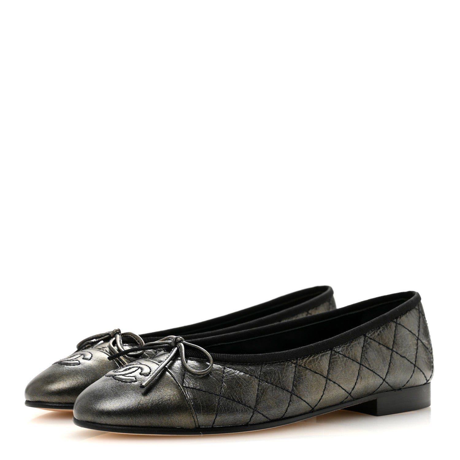 Chanel Metallic Aged Calfskin Quilted CC Cap Toe Ballerina Flats 36 Dark Silver 4 of 10