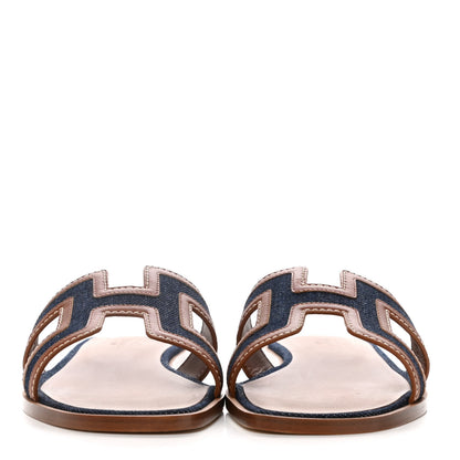 Hermes Calfskin Denim Oran Sandals 38.5 Bleu Brut Gold 2 of 13