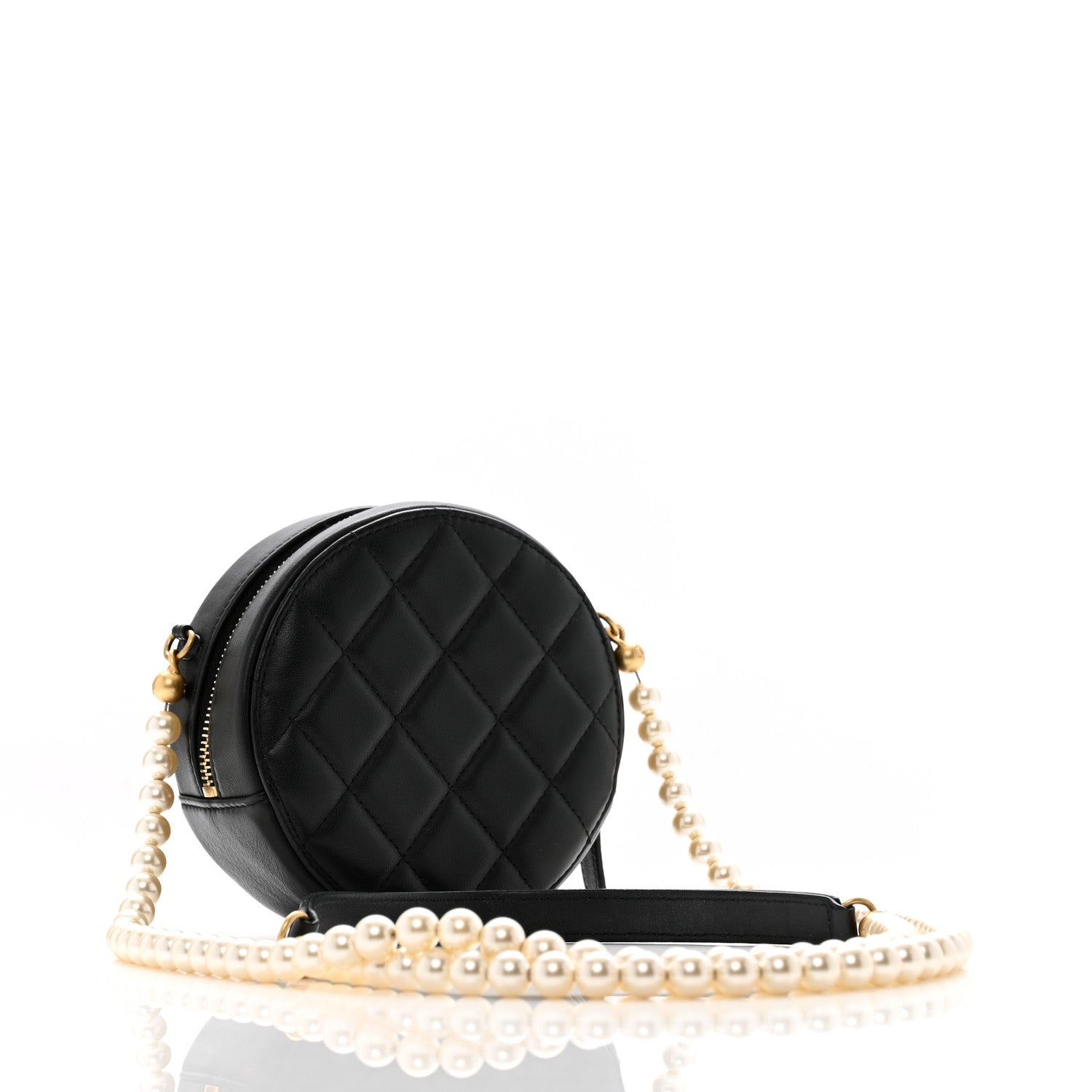 Chanel Lambskin Quilted Pearl Chain Round Clutch With Chain Black 3 of 14