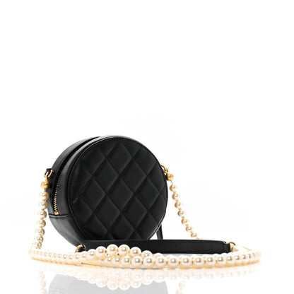 Chanel Lambskin Quilted Pearl Chain Round Clutch With Chain Black 3 of 14