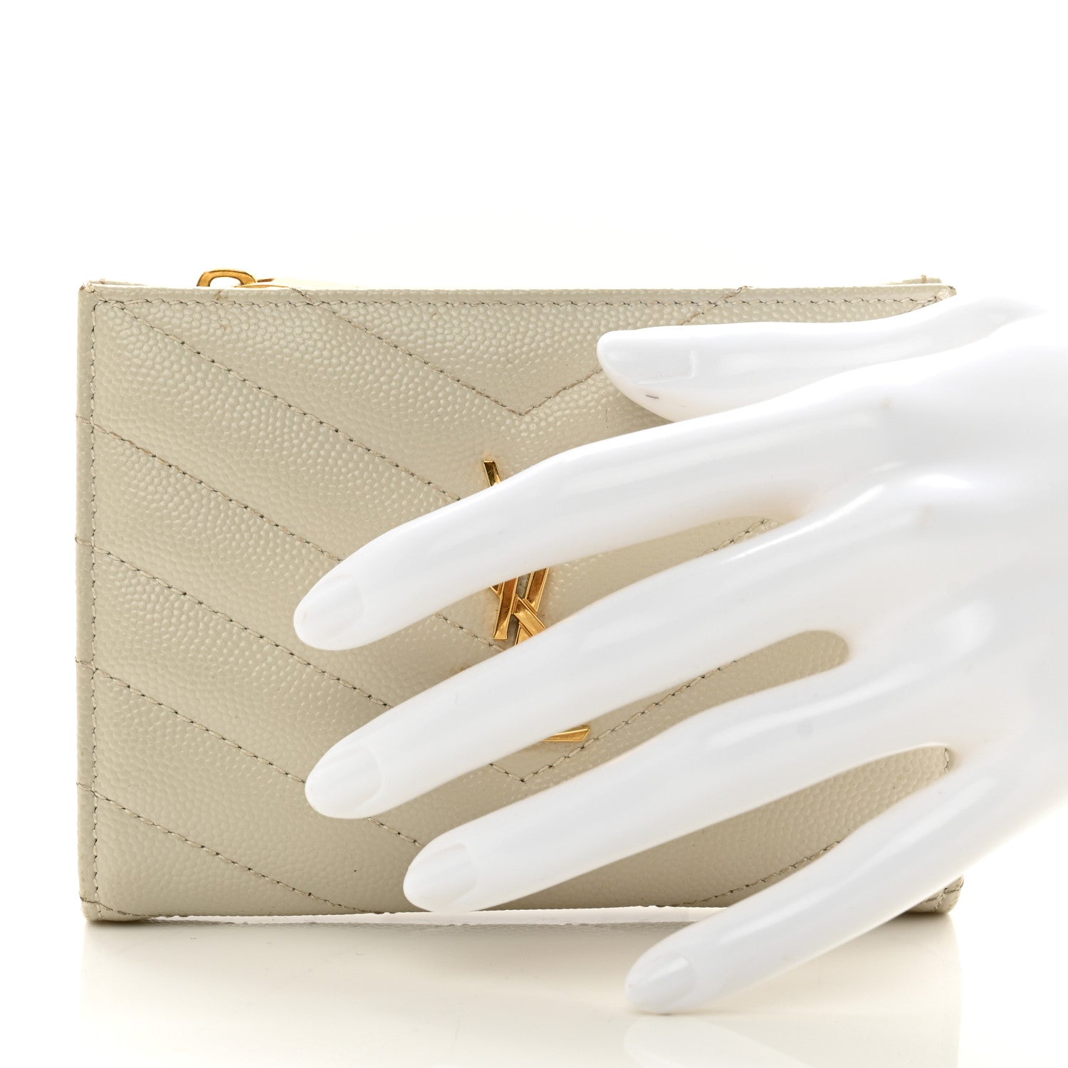 Saint Laurent Grain De Poudre Matelasse Chevron Monogram Zipped Two-Part Wallet Crema Soft 2 of 7