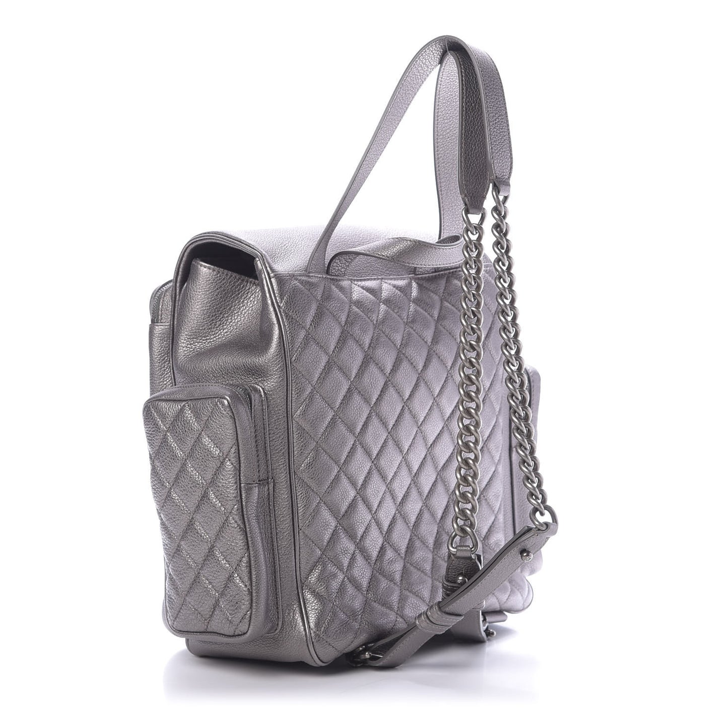 Metallic Grained Calfskin Quilted Large Casual Rock Backpack Charcoal