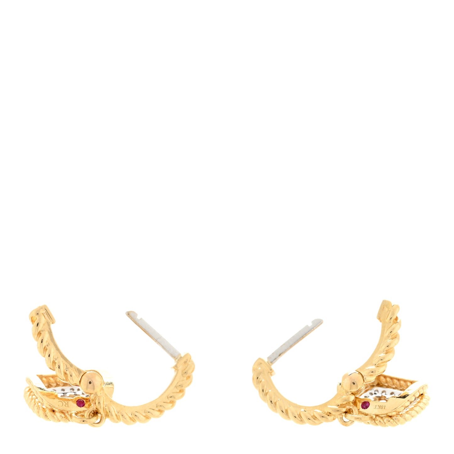 18K Yellow White Gold Diamond Barocco Square Cluster Dangle Hoop Drop Earrings