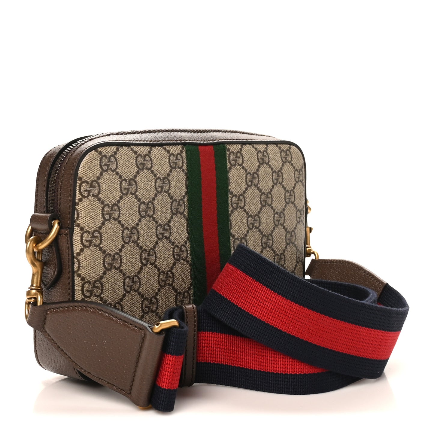 GG Supreme Monogram Textured Dollar Calfskin Web Ophidia Wristlet Shoulder Bag Beige Ebony New Acero
