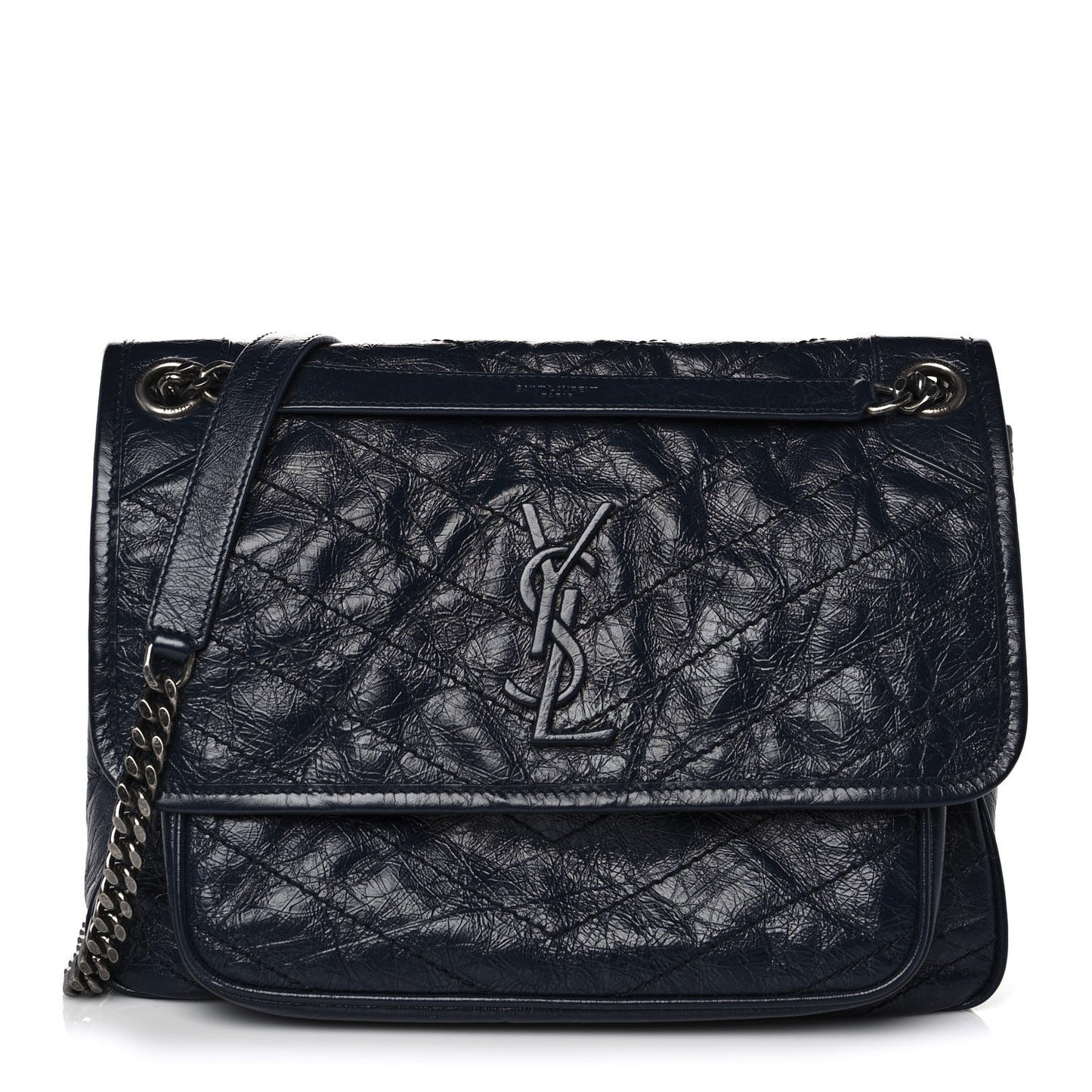 Crinkled Calfskin Matelasse Monogram Medium Niki Chain Satchel Deep Marine