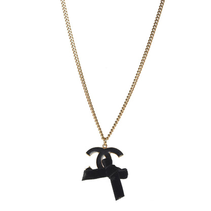 Chanel Enamel Velvet CC Bow Necklace Black Gold 1 of 7