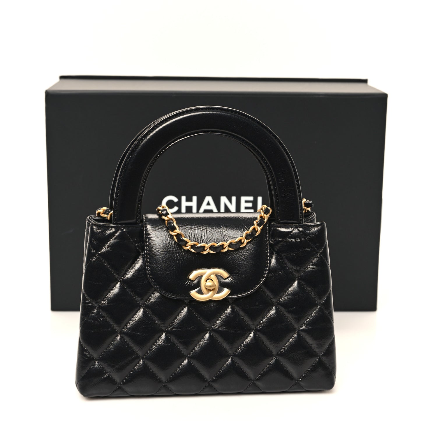 Shiny Aged Calfskin Quilted Nano Kelly Shopper Black