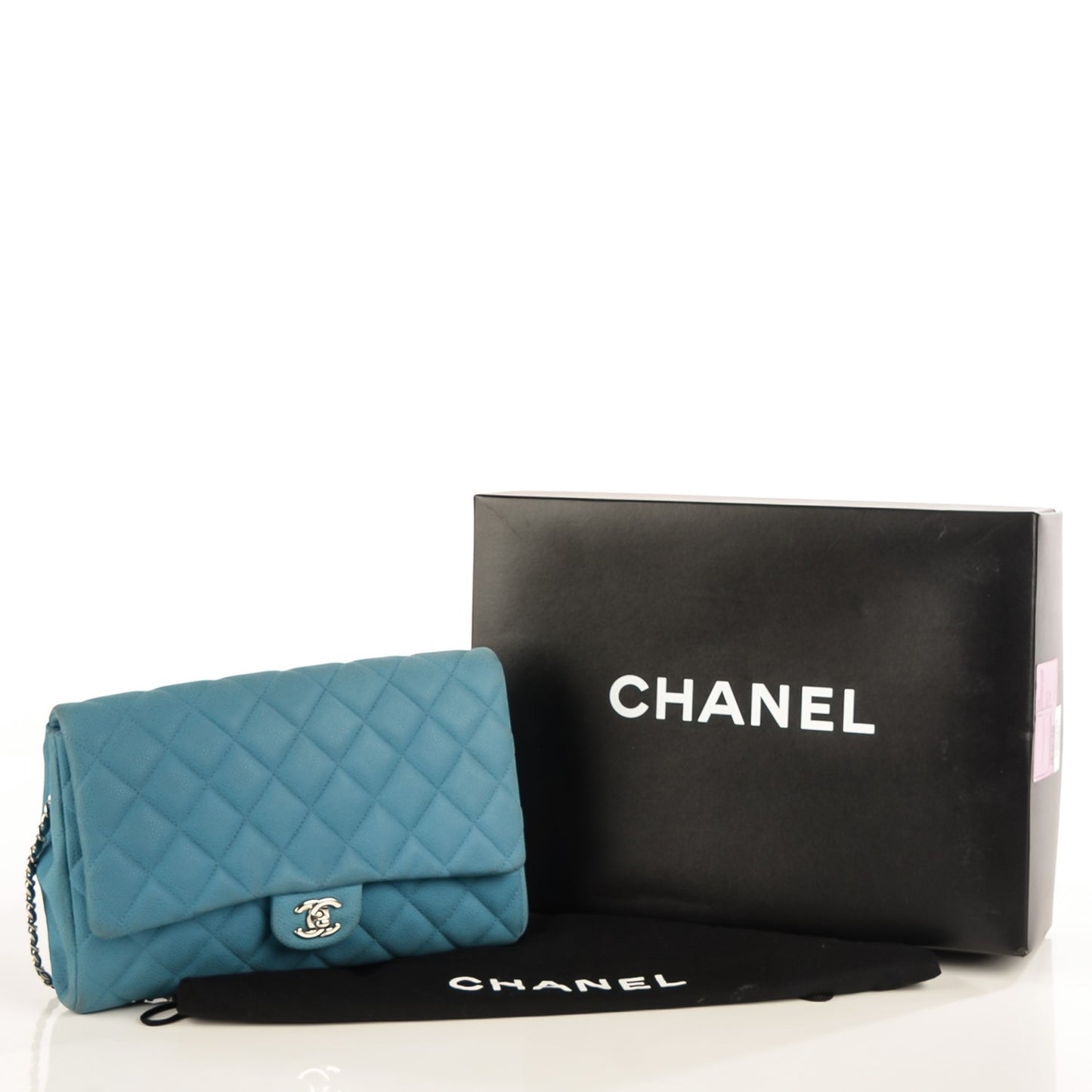 Iridescent Caviar Quilted Clutch With Chain Flap Blue