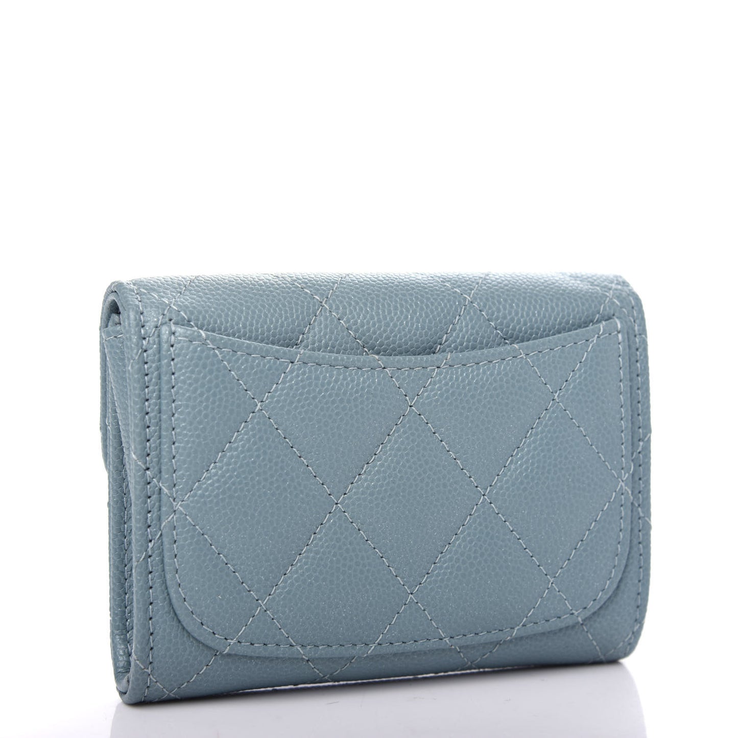 Iridescent Caviar Quilted Flap Card Holder Wallet Light Blue