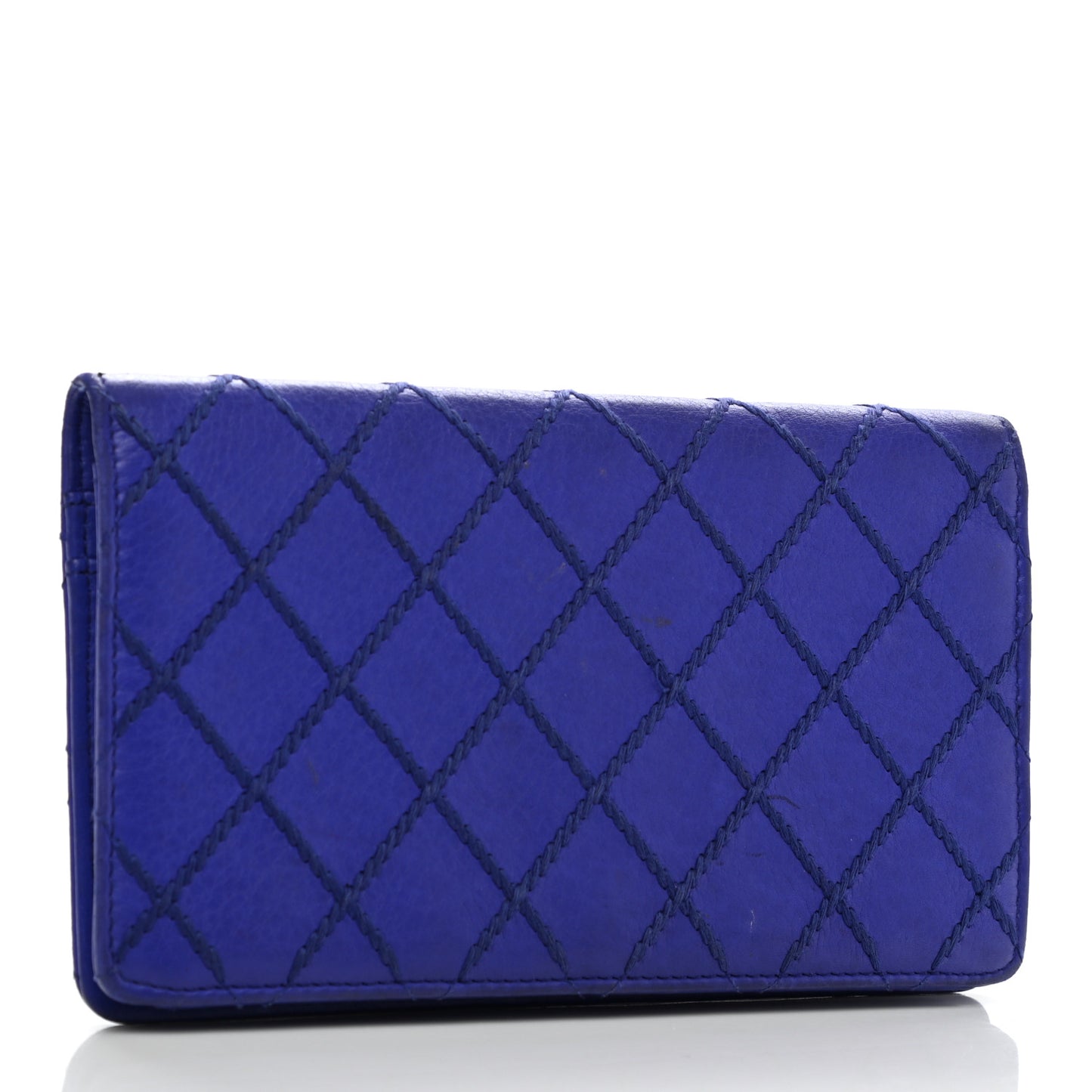 Calfskin Diamond Stitched Yen Wallet Blue
