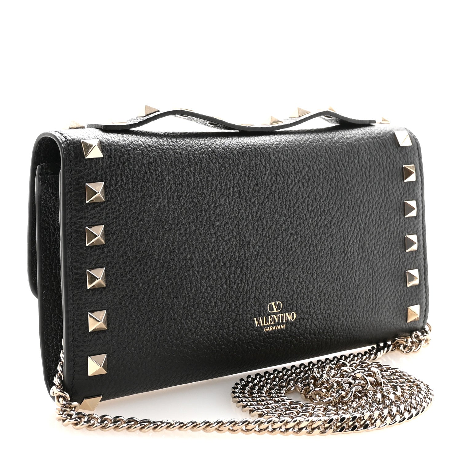 Valentino Garavani Pebbled Calfskin Rockstud Flip Lock Wallet On Chain Black 3 of 10