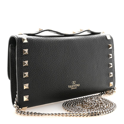 Valentino Garavani Pebbled Calfskin Rockstud Flip Lock Wallet On Chain Black 3 of 10
