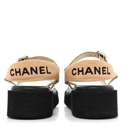 Chanel Lambskin Logo Platform Sandals 38.5 Beige Gold White 4 of 11