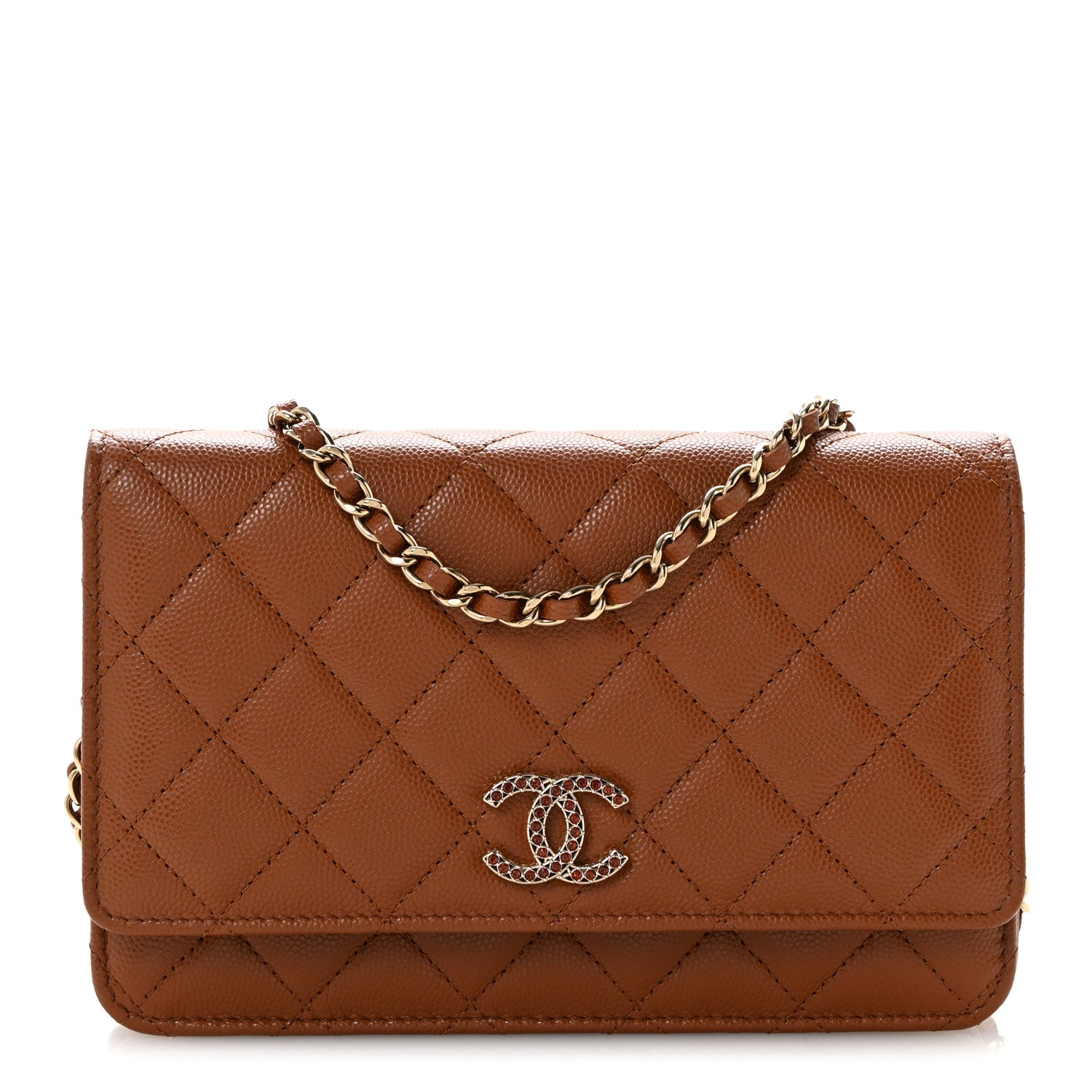 Chanel Shiny Caviar Quilted Strass Wallet On Chain WOC Light Brown 1 of 11