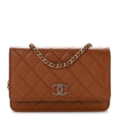 Chanel Shiny Caviar Quilted Strass Wallet On Chain WOC Light Brown 1 of 11