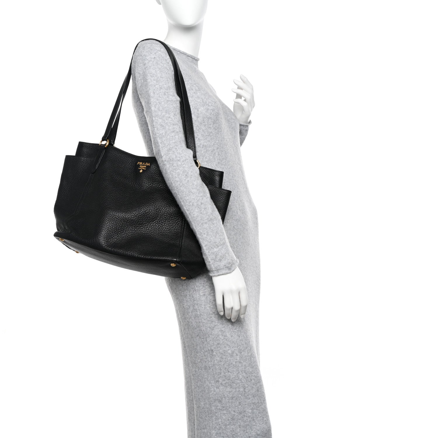 Prada Vitello Daino Side Pocket Shoulder Bag Black 2 of 11