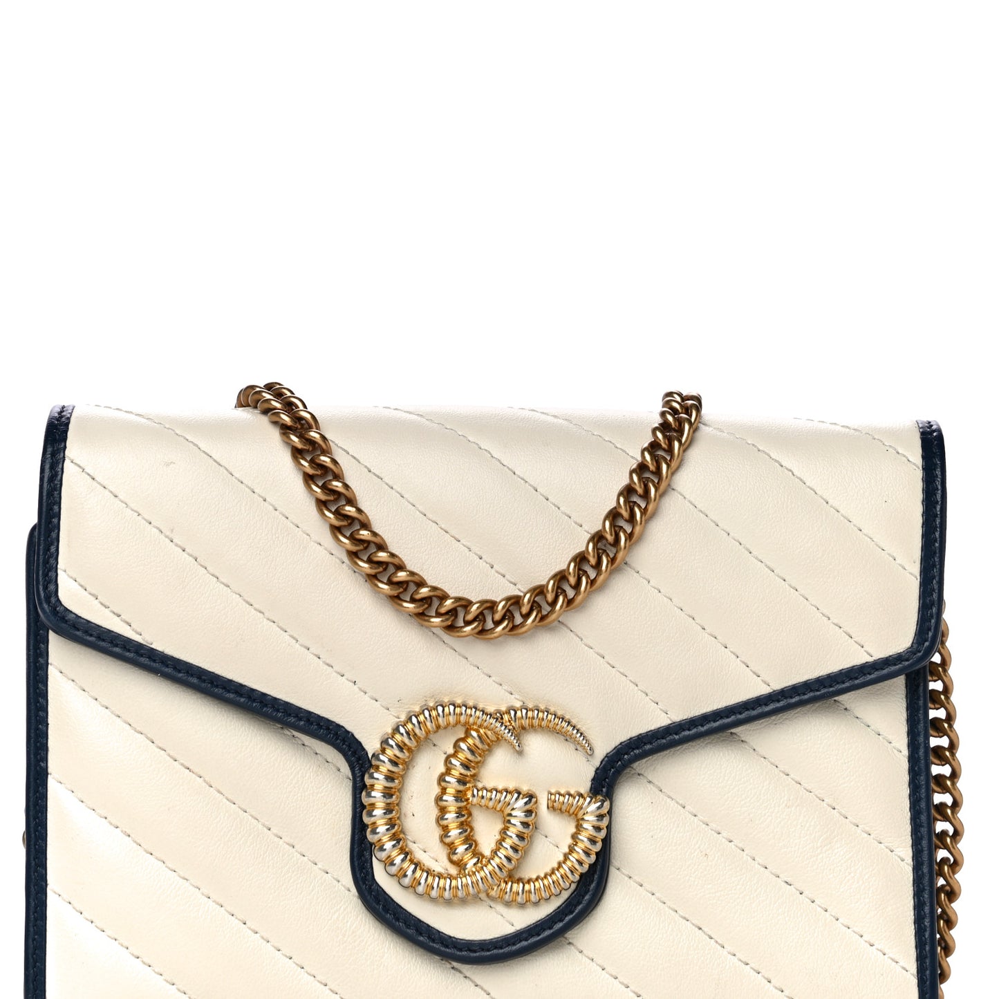 Vintage Effect Calfskin Matelasse Diagonal Torchon GG Marmont Chain Wallet Mystic White Blue Agata