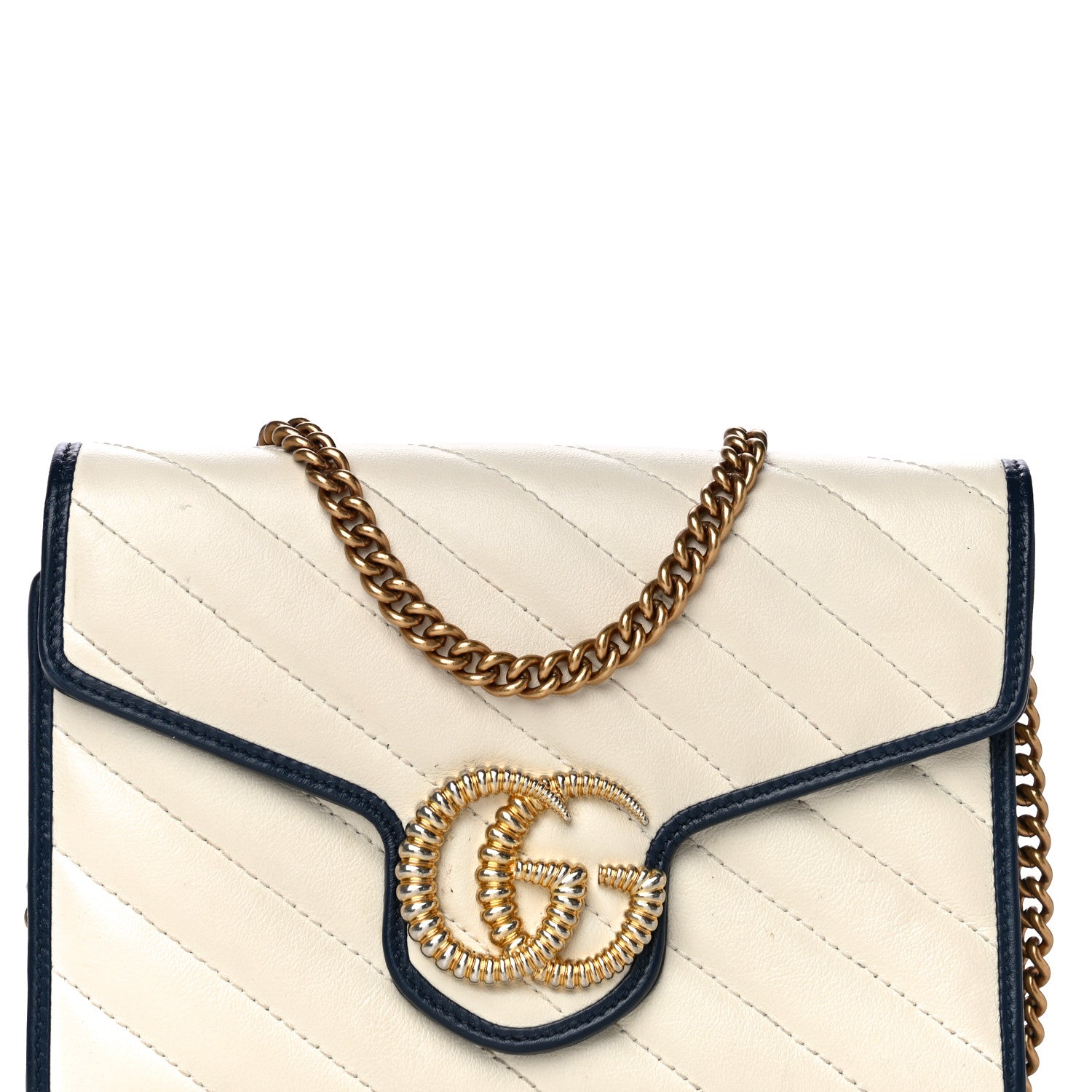 Gucci Vintage Effect Calfskin Matelasse Diagonal Torchon GG Marmont Chain Wallet Mystic White Blue Agata 8 of 21