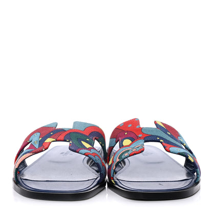 Hermes Canvas Faubourg Rainbow Oran Sandals 37.5 Multicolore Bleu Maritime 2 of 10