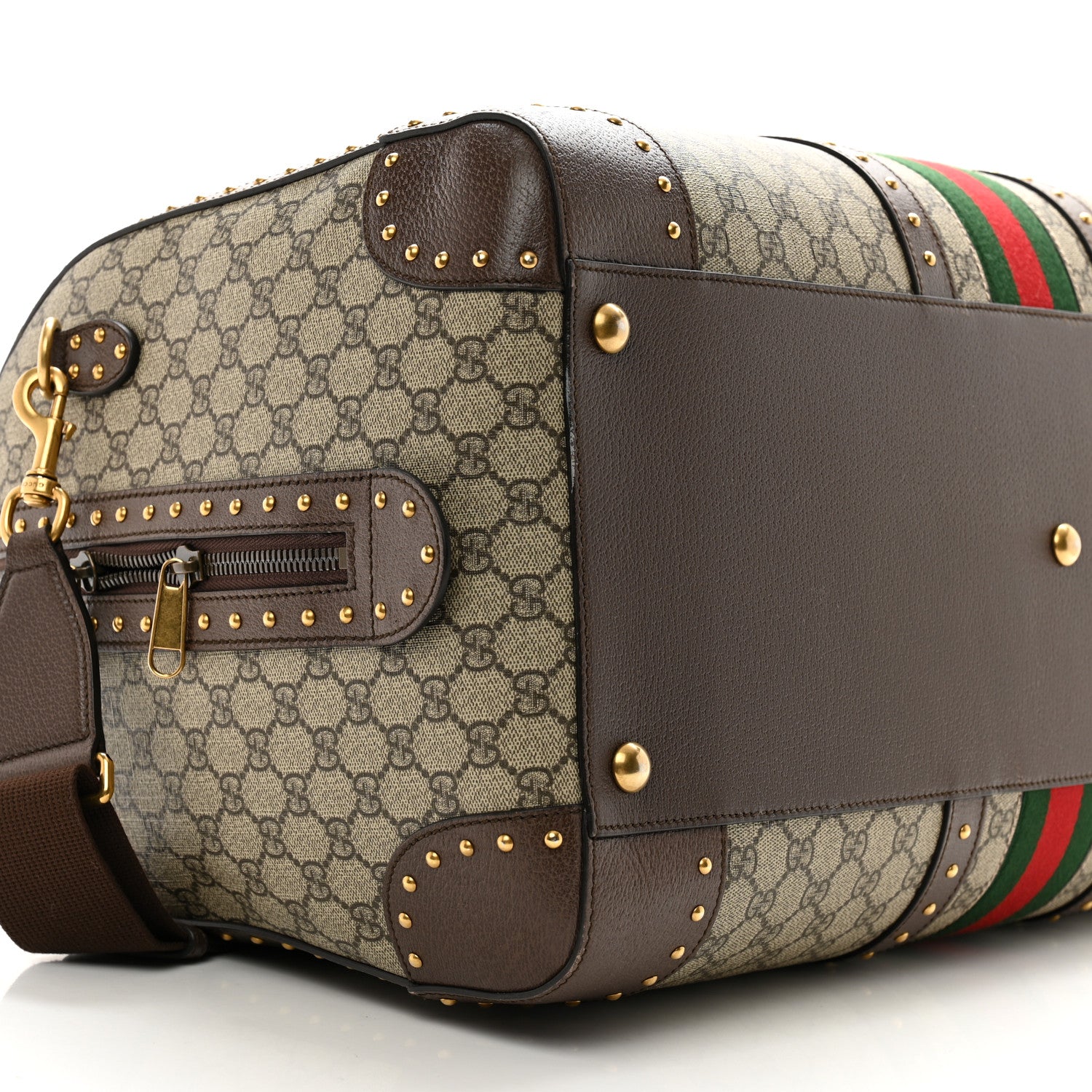 Gucci GG Supreme Monogram Textured Dollar Calfskin Web Studded Large Savoy Duffle Bag Beige Ebony 7 of 15