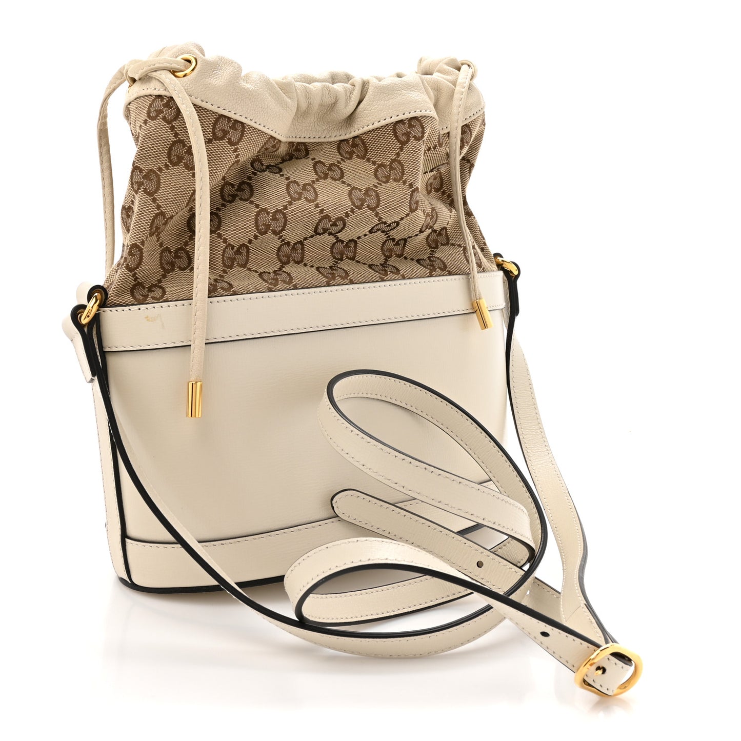 Monogram Textured Calfskin Horsebit 1955 Drawstring Bucket Bag Beige Mystic White
